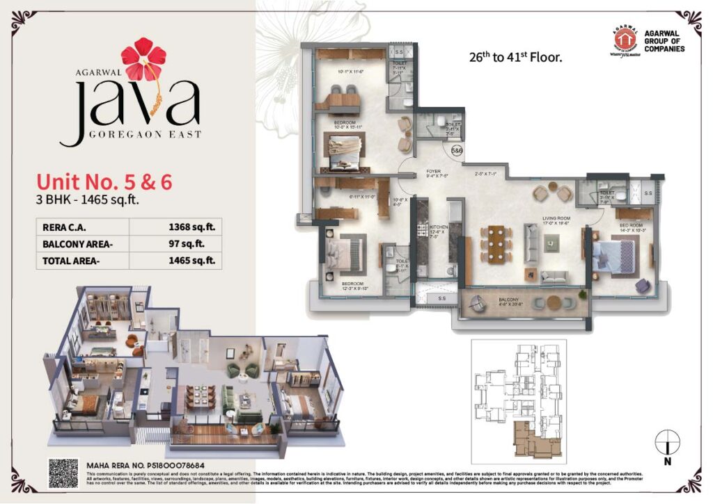 1465 Sq. Ft. 3BHK Apartment Layout in Agarwal Java Goregaon East