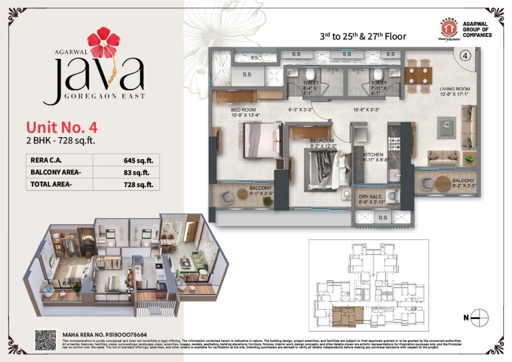 728 Sq. Ft. 2BHK Apartment Layout in Agarwal Java Goregaon East